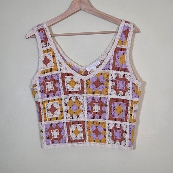Rebellion Again Crocheted Top Women L Granny Square Sleeveless V Neck Crop Boho - Picture 13 of 14